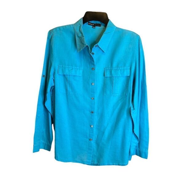 5 for $25š„ChausāSport Linen Blend Blue Button Front Long Sleeve BlouseāLarge - Picture 1 of 5
